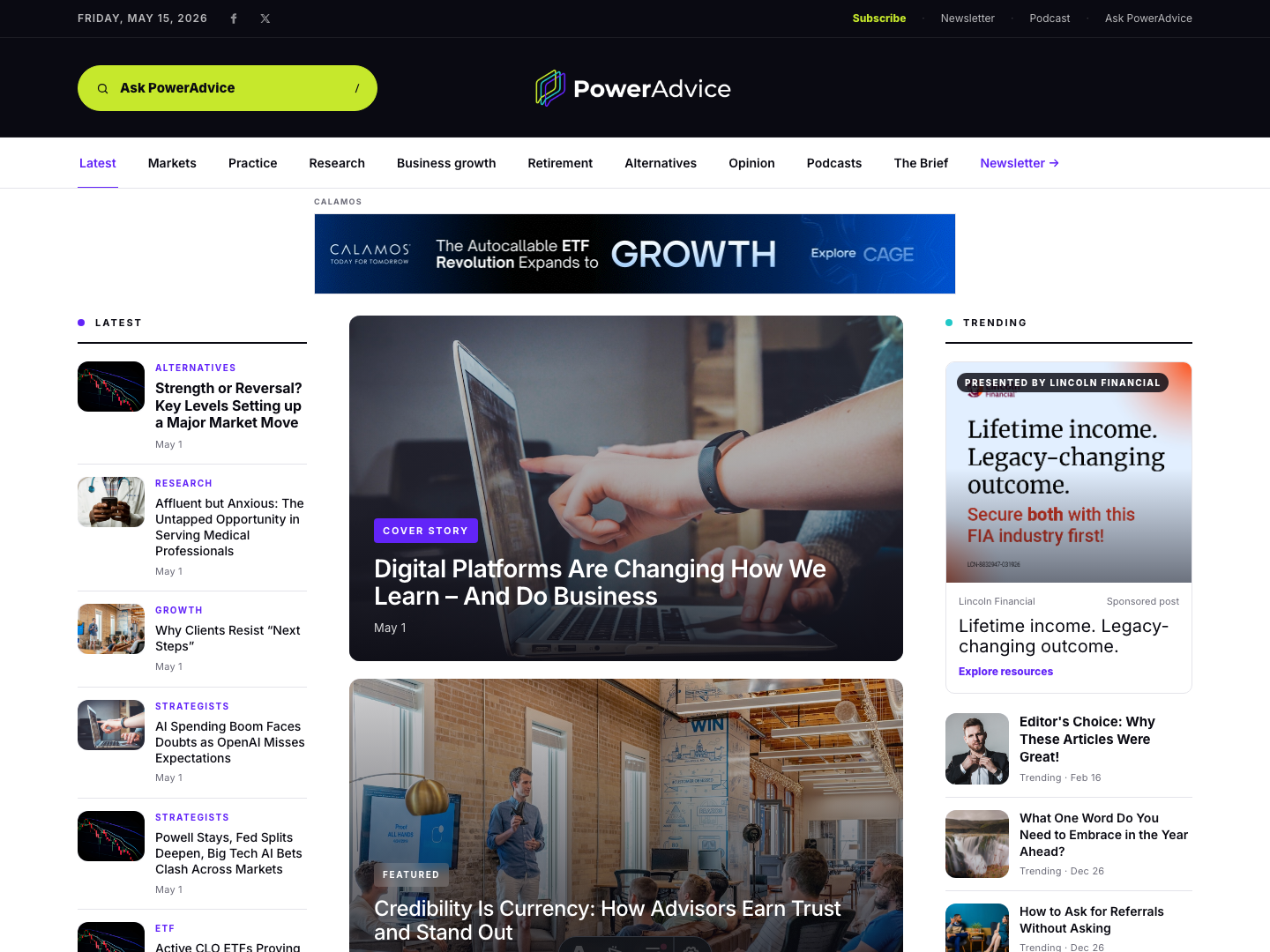 PowerAdvice homepage showing editorial content and sponsor placements